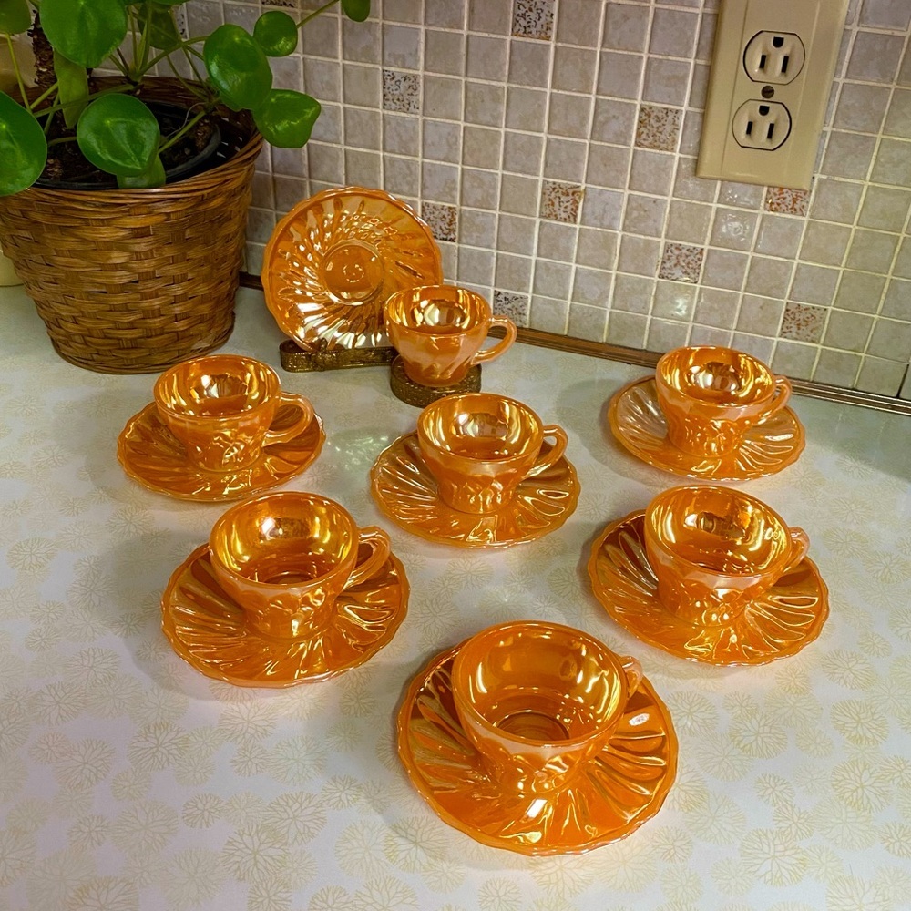 Vintage Fire King Peach Lustre set of 7 mini tea cups & saucers 14 pieces